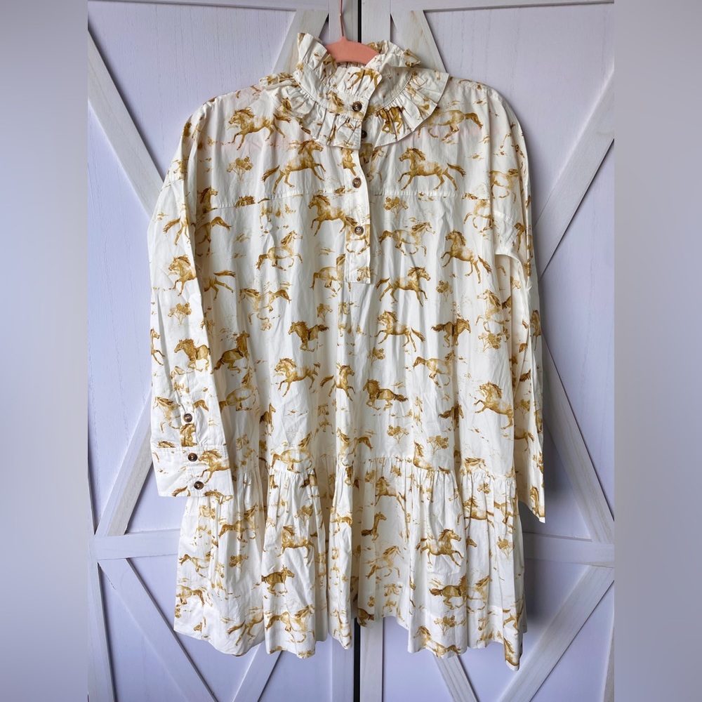GANNI Horse Print cotton ruffle tunic dress (small)
